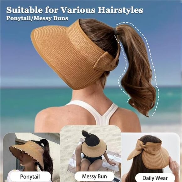 Wide Brim Straw Sun Visor Hat Women Ponytail UV Protection Foldable Beach - Picture 3 of 7